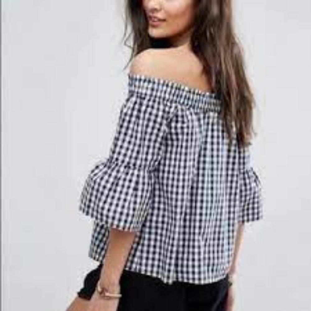 Abercrombie & Fitch Black White Gingham Elastic Off Shoulder 3/4 Bell Sleeve  LG